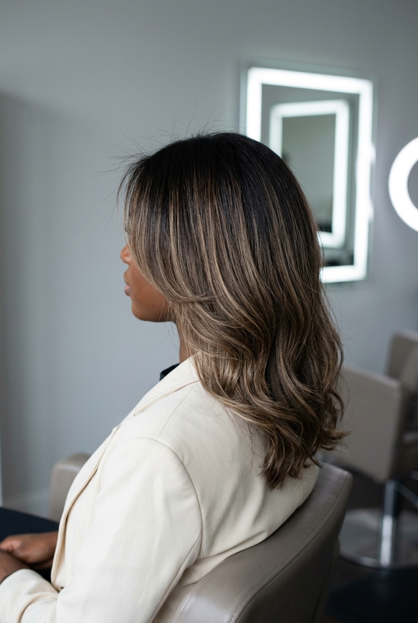 long brunette hair with cold brew color melt, multi-tonal blend, no fringe — elegant style