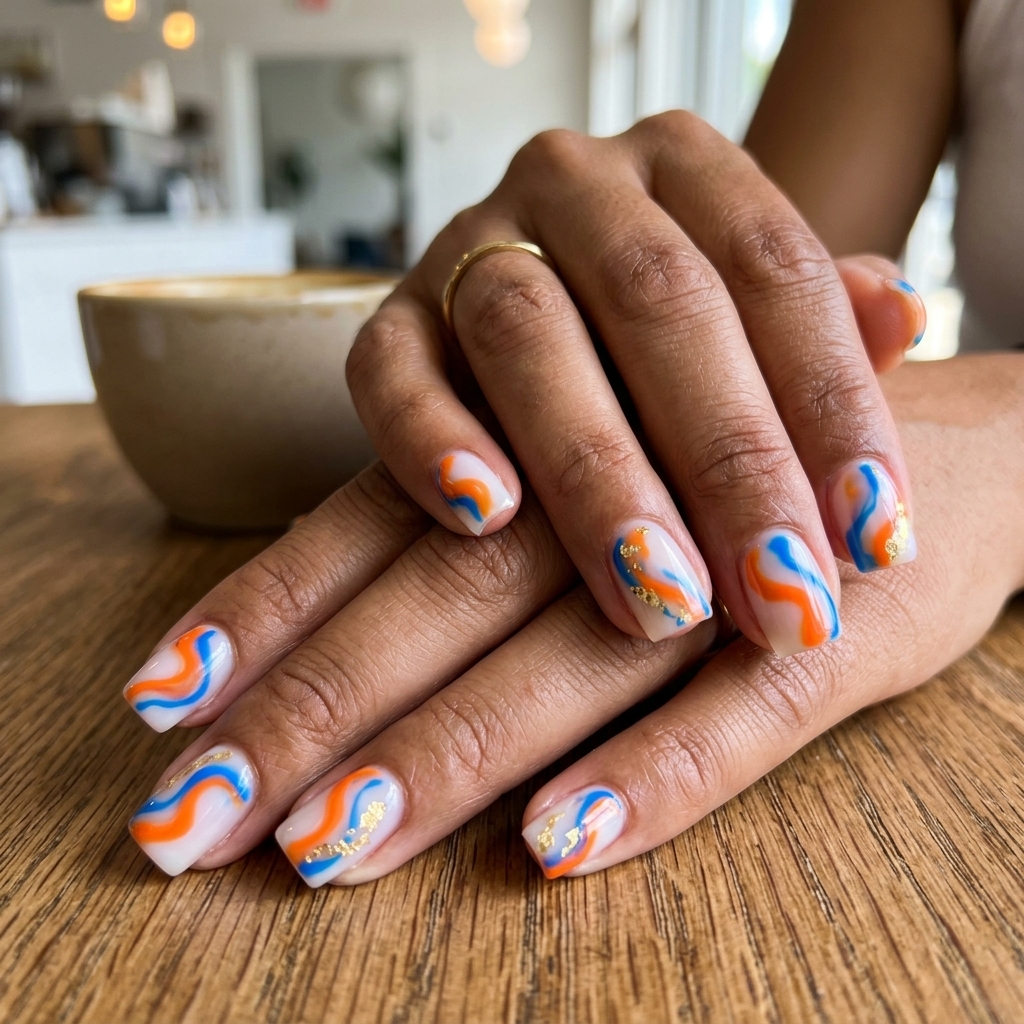 Abstract Swirl Nails 2026: Festival Style Abstract swirl nails in tangerine and blue with gold flakes for summer 2026 festivals. Bohemian and artistic.