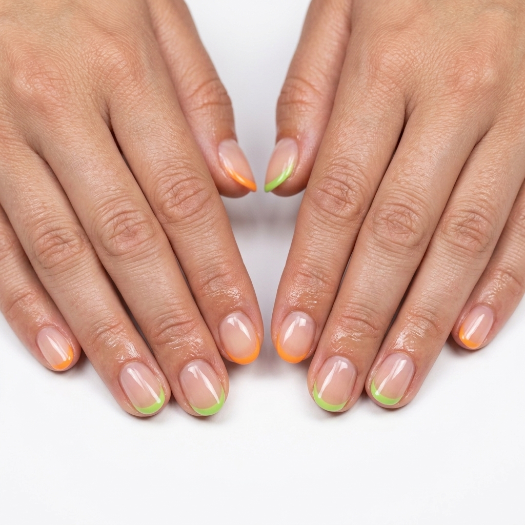Citrus Micro-French Nails 2026: Playful Citrus micro-French duo nails in tangerine and lime green for summer 2026 outings. Playful and fresh.