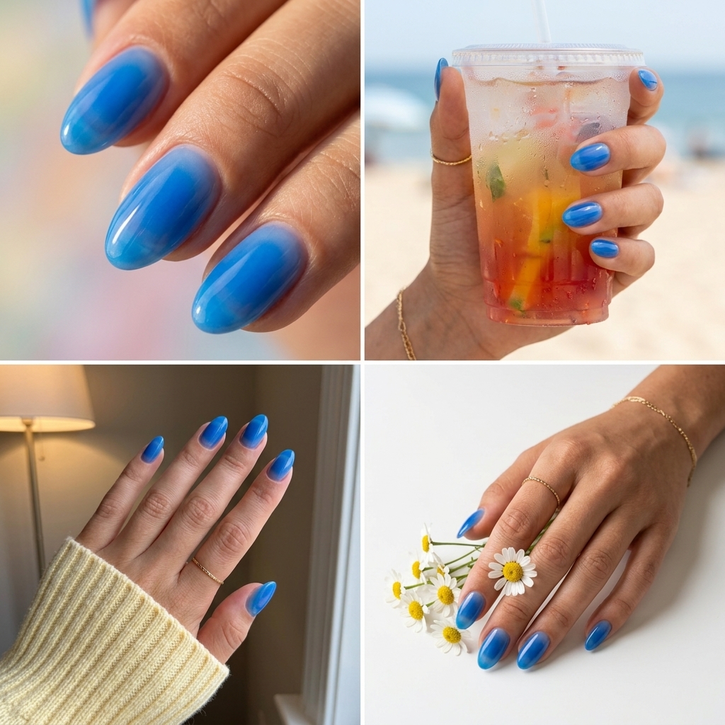 Aquatic Aura Nails 2026: Ethereal Summer Sheer electric blue aura nails with diffused gradient for summer 2026 daily wear. Ethereal and calm.