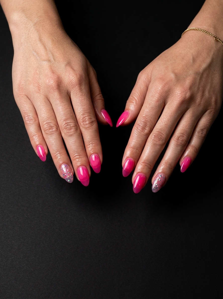 Hot Pink Jelly Nails 2026: Party Glam Hot pink jelly nails with holographic glitter for summer 2026 parties and night outs. Glamorous and bold.