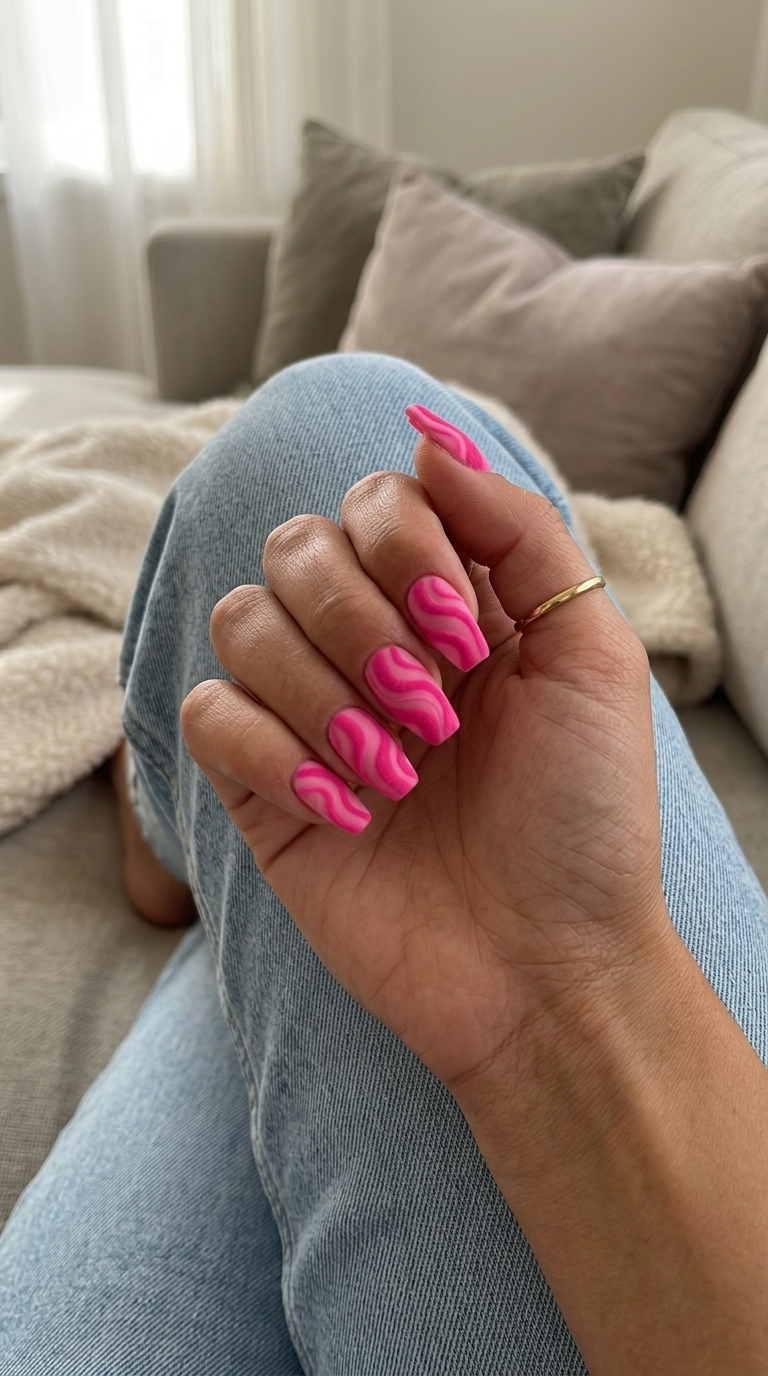 Hot Pink Velvet Swirls Nails | Colourful Summer Nails 2026 Hot Pink Velvet Swirls nails: Energetic matte design for festivals and parties. Colourful summer nails 2026.