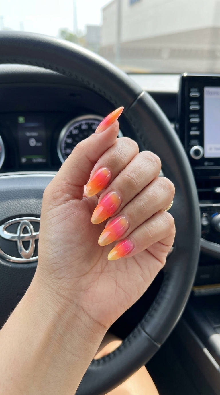 Jelly Ombre Sunset Nails 2026: Romantic Jelly ombre sunset gradient nails in tangerine, pink, and yellow for summer 2026 vacations. Romantic and dreamy.