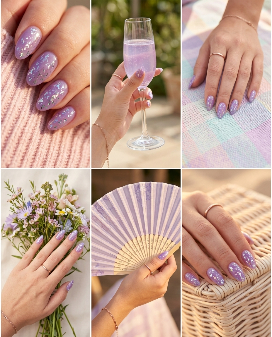 Lavender Foil Nails 2026: Wedding & Special Events Romantic sheer lavender nails with iridescent foil flakes for weddings and special events. Colourful summer nails 2026.