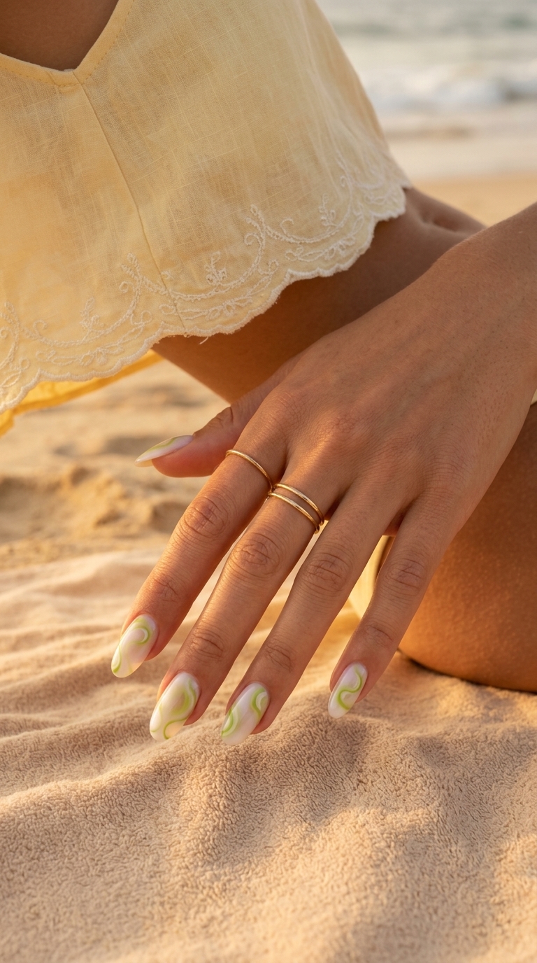 Lime Aura Swirl Nails 2026: Whimsical Art Lime green aura swirl nails with milky white base for summer 2026 festivals. Whimsical and artistic.