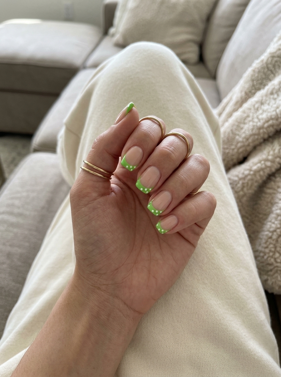 Lime Dot French Nails 2026: Chic Summer Lime green dot French tip nails with sheer nude base for casual summer 2026 gatherings. Playful and chic.