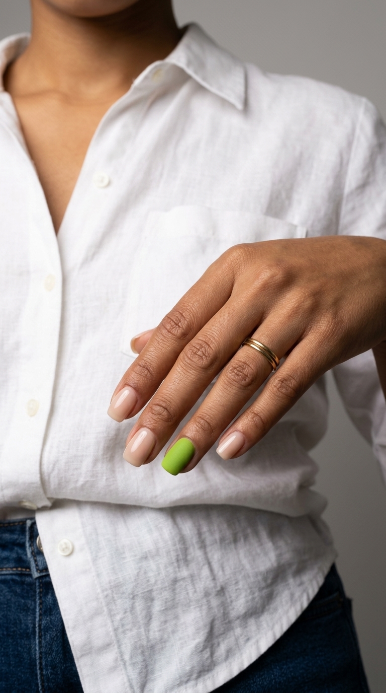 Velvet Accent Nails 2026: Chic Minimalist Lime green velvet accent nails with glossy nude for summer 2026 daily wear. Minimalist and chic.