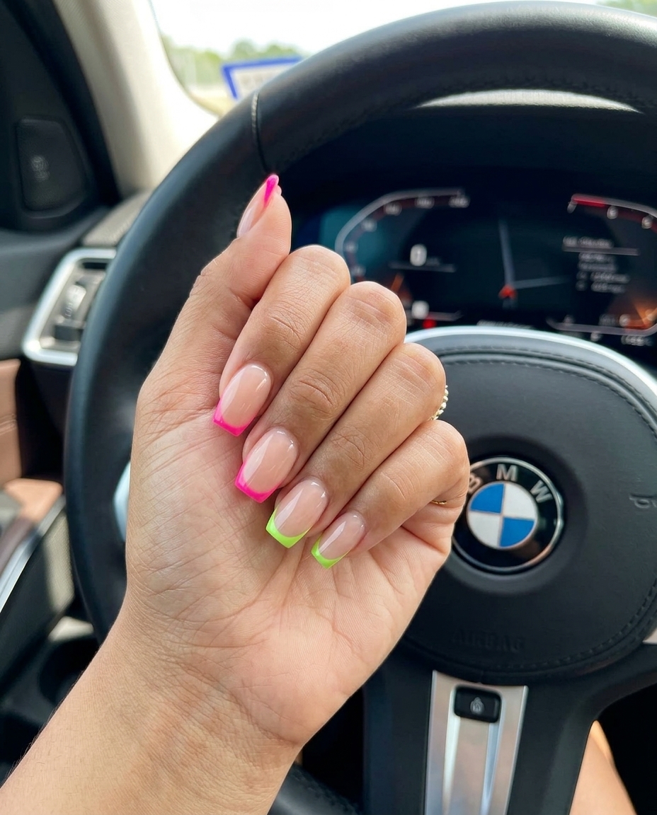 Micro-French Neon Tips Nails | Colourful Summer Nails 2026 Micro-French with Neon Tips nails: Chic neon accents for daily wear and festivals. Colourful summer nails 2026.