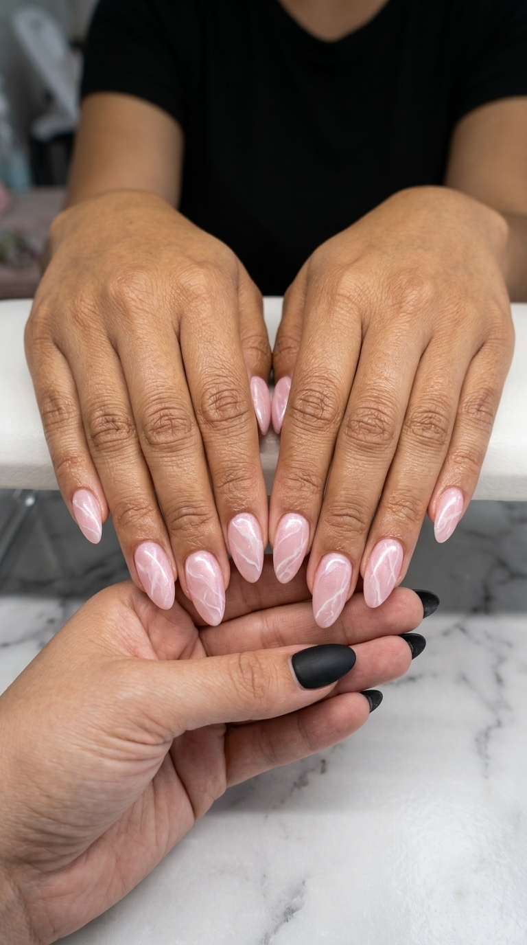 Rosy Quartz Veining Nails | Colourful Summer Nails 2026 Rosy Quartz Veining nails: Romantic marble effect for weddings and date nights. Colourful summer nails 2026.