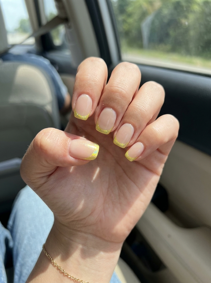 Holographic Yellow French Nails 2026: Festival Fun Playful lemon yellow holographic micro-French tips on nude nails for festivals and summer vacation. Colourful summer nails 2026.