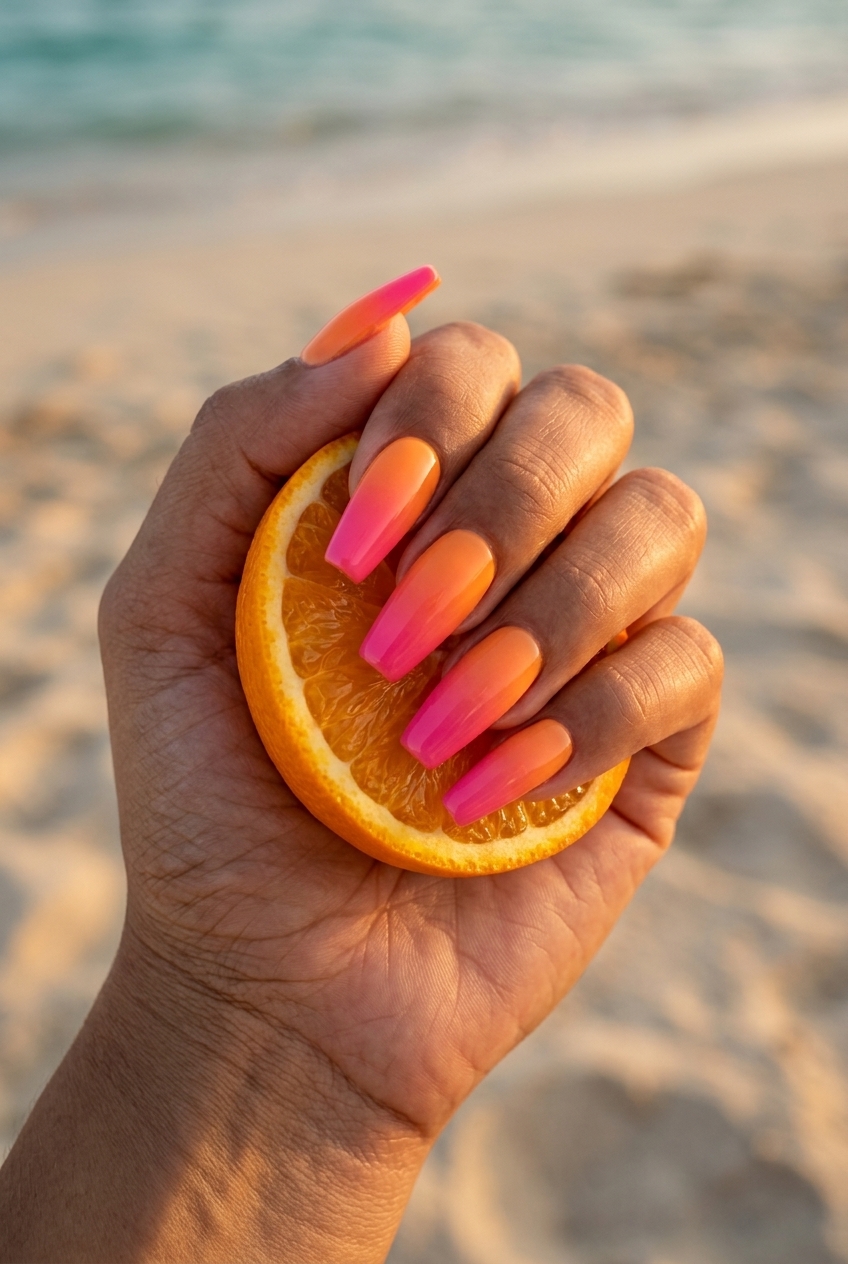 Sunset Sorbet Blend Nails | Colourful Summer Nails 2026 Sunset Sorbet Blend nails: Vibrant ombré for summer vacations and beach parties. Colourful summer nails 2026.