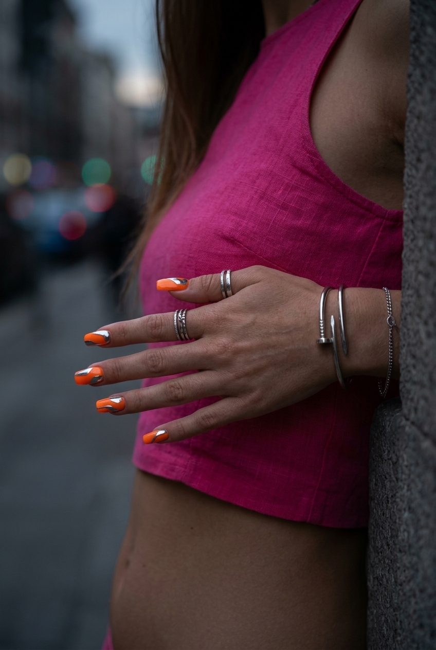 Tangerine Chrome Abstract Nails 2026: Edgy Party Style Edgy tangerine chrome abstract nails for parties and street style. Colourful summer nails 2026.