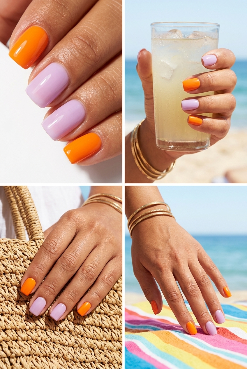 Tangerine Lavender Block Nails | Colourful Summer Nails 2026 Tangerine Lavender Block nails: Bold color block design for casual summer days. Colourful summer nails 2026.