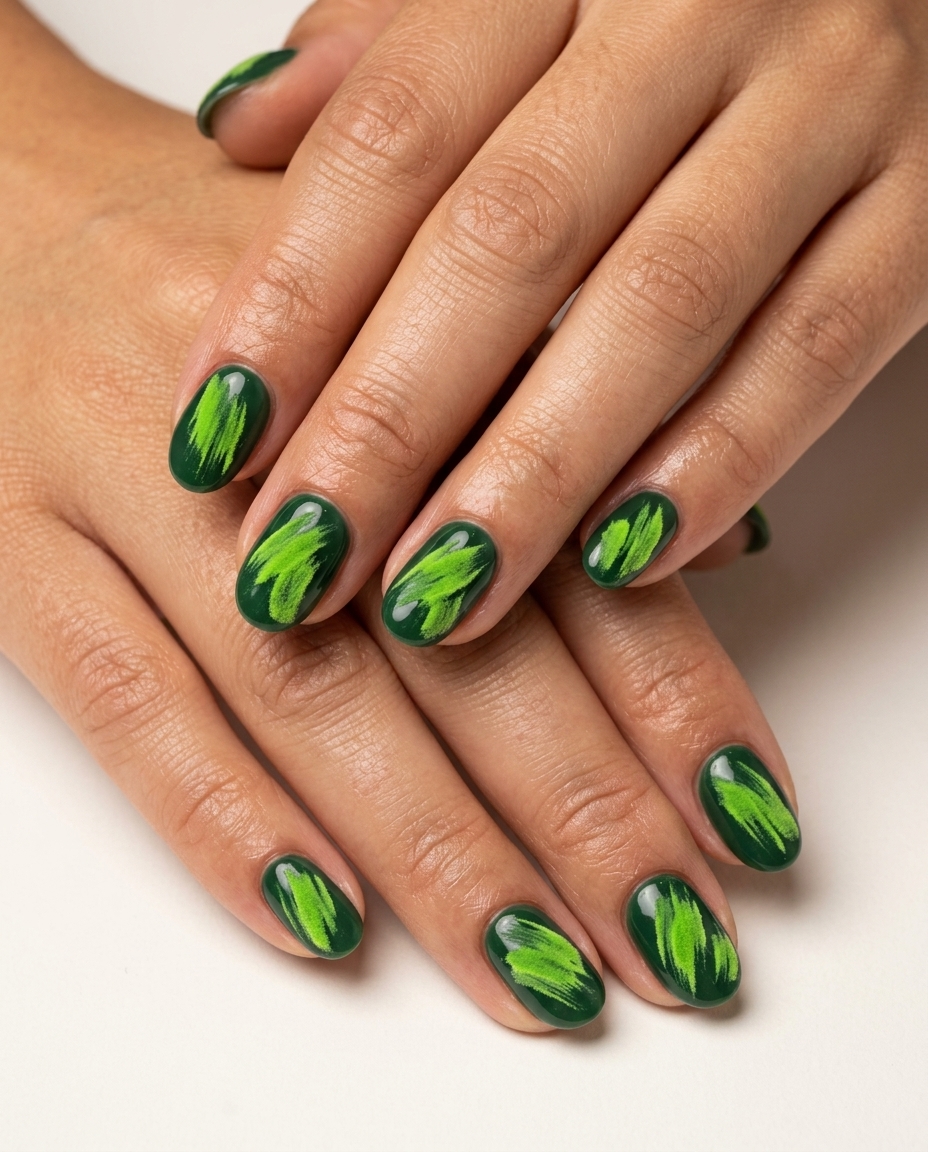 Velvet Jungle Nails 2026: Edgy Festival Lime green velvet abstract stroke nails with deep green matte base for summer 2026 festivals. Edgy and bold.