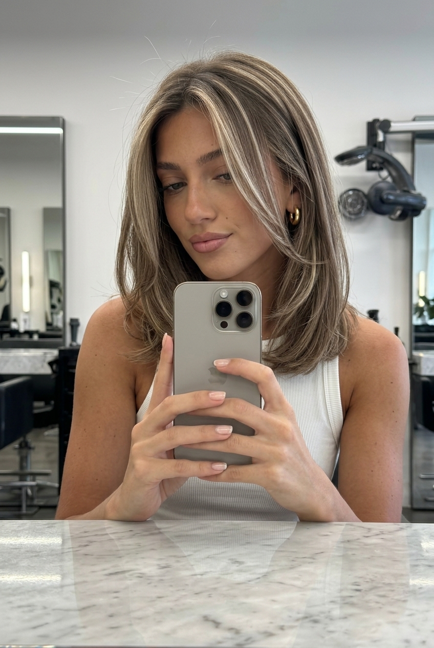 long cool beige ribbon highlights with ash brown, medium highlights, no fringe — effortless sophisticated daily