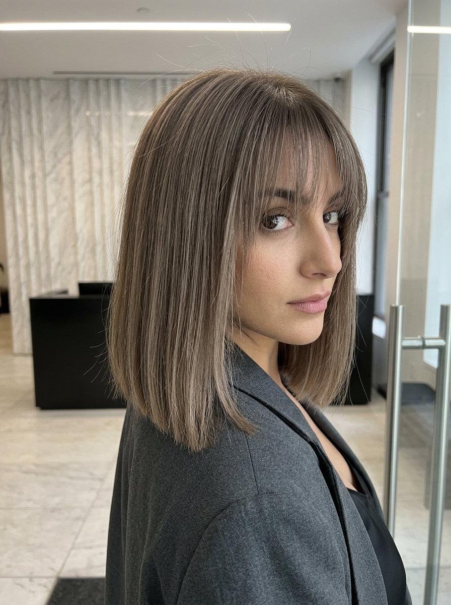 Cool Linen Bob with Wispy Bangs 2026 collarbone-length sharp bob with cool linen brown, wispy bangs, and ash undertones for summer 2026