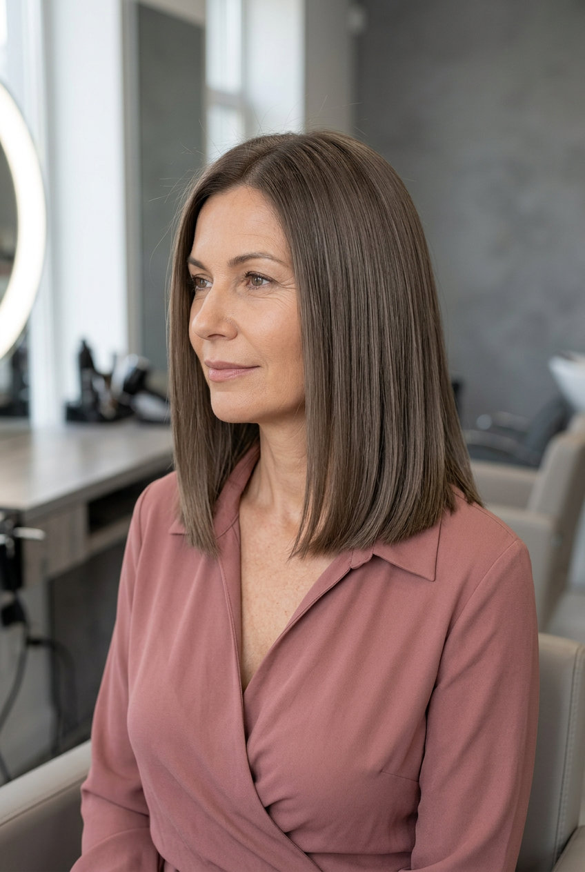 Cool Mushroom Brown Midi Cut 2026 shoulder-length blunt midi haircut in cool mushroom brown with ash undertones for sophisticated women