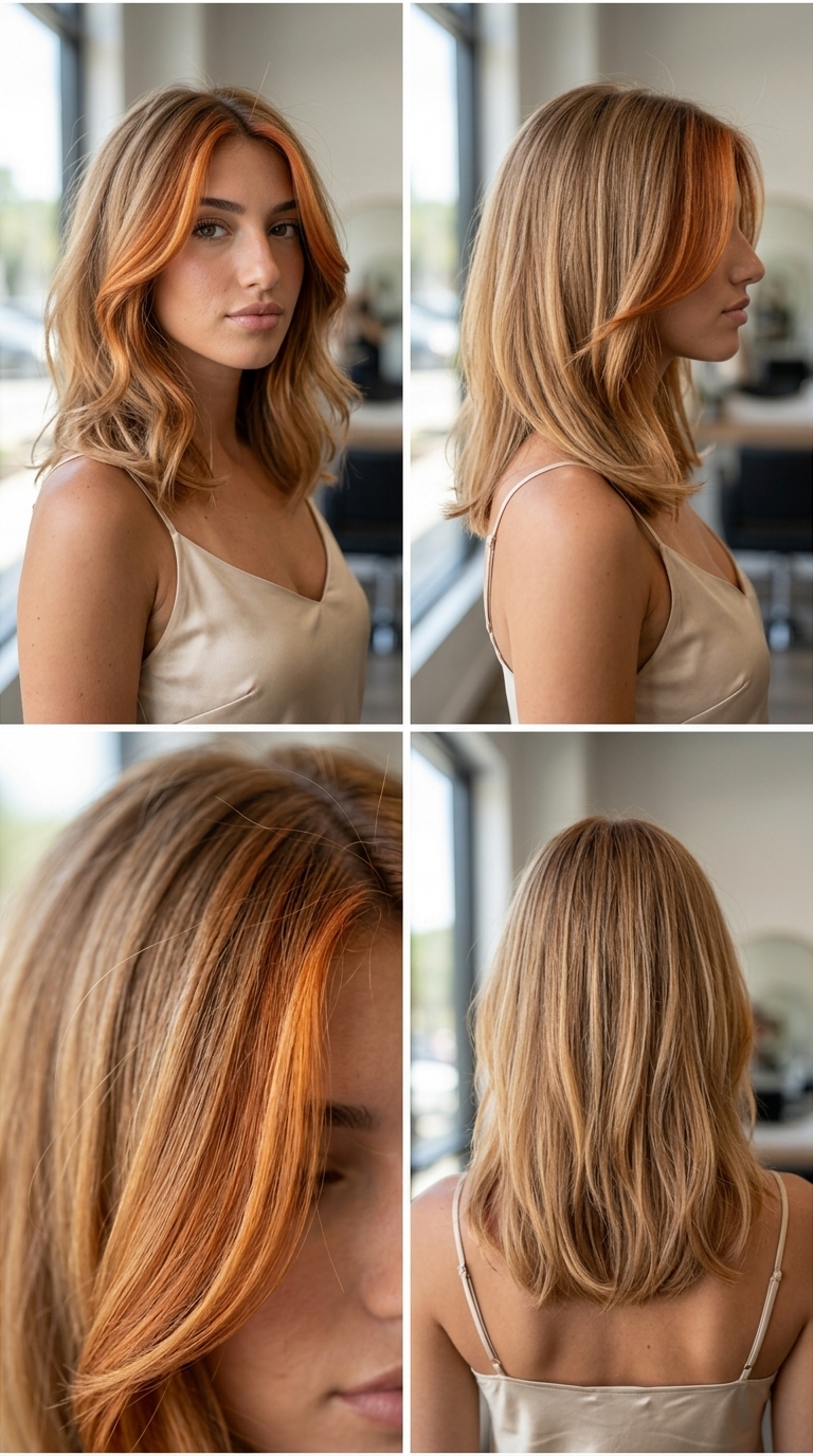 Edgy Strawberry Blonde Money Piece 2026 long layered strawberry blonde with vibrant copper-gold money piece, high-contrast foils, face-framing — edgy festival look