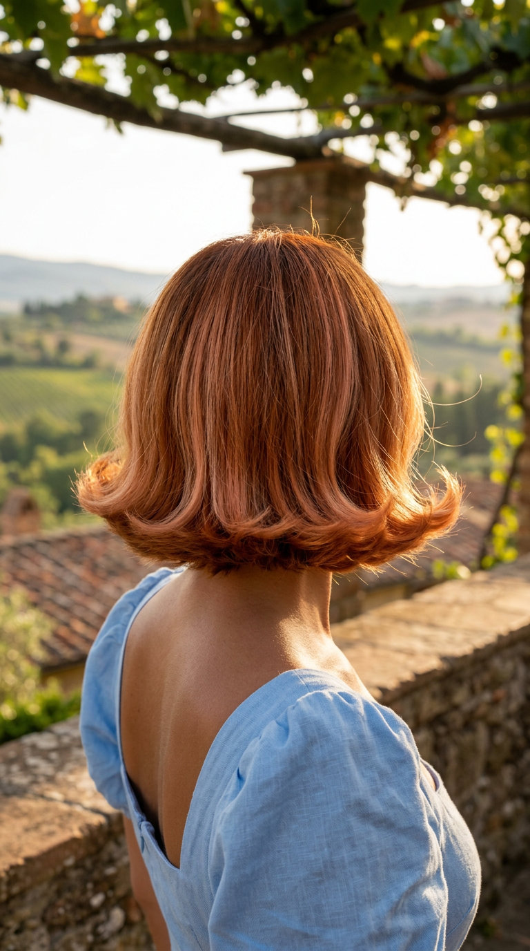 neck-length copper-peach fusion italian bob with voluminous ends and slight angle for summer