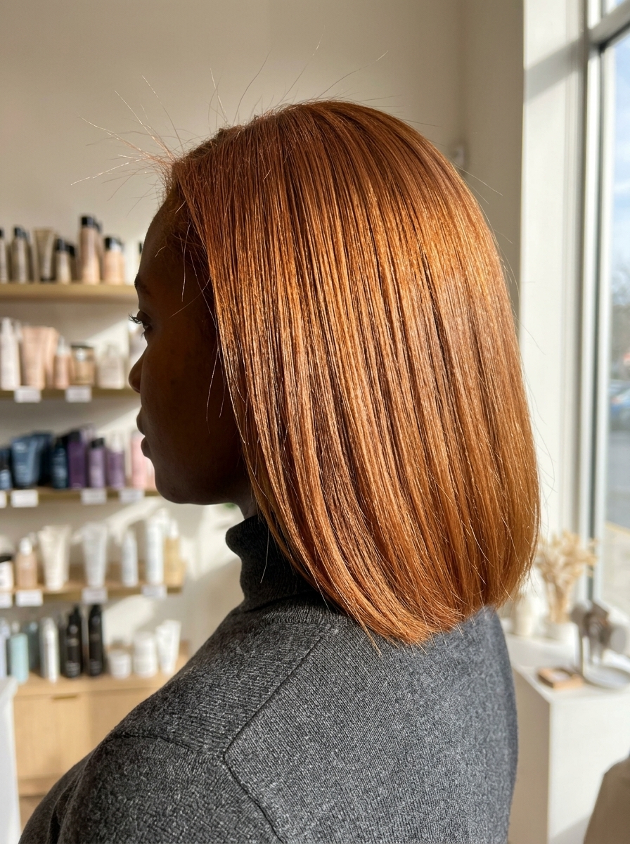 long copper penny lob with warm gold undertones, permanent gloss, no fringe — bold energetic statement