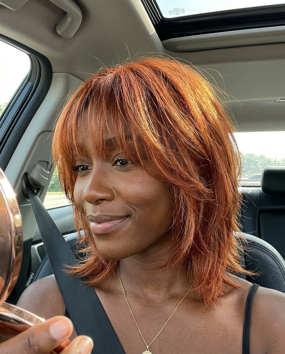 jaw-length wispy shag bob with choppy layers and see-through bangs in copper-red