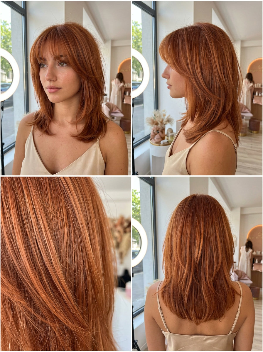 medium shag haircut with copper red color and strawberry blonde babylights for summer