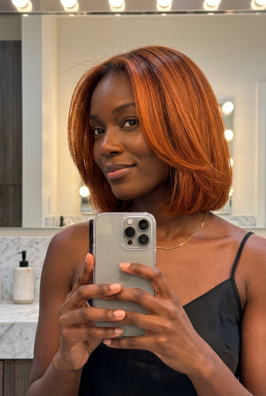 shoulder-length fiery copper terracotta bob, internal copper flashes, soft layers — bold vibrant