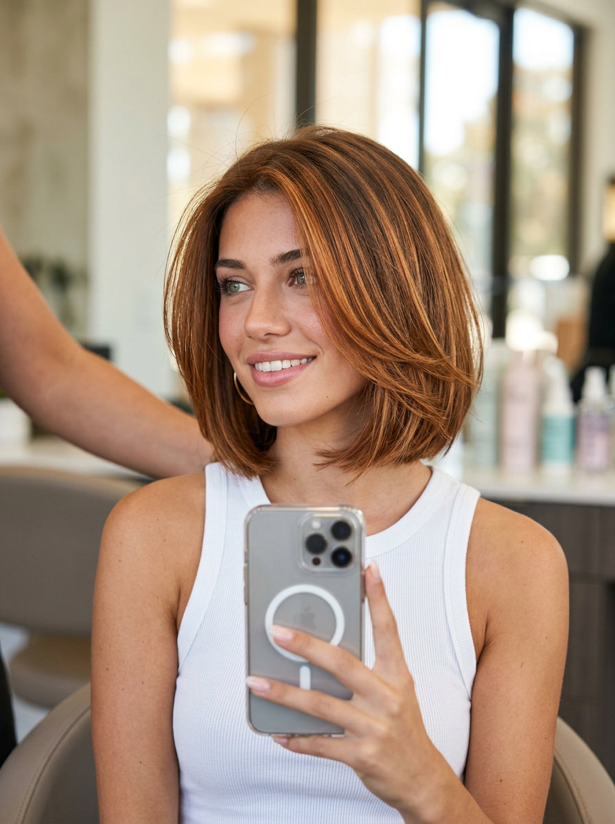 chin-length cowboy copper bob haircut with piecey texture and face-framing for weekend