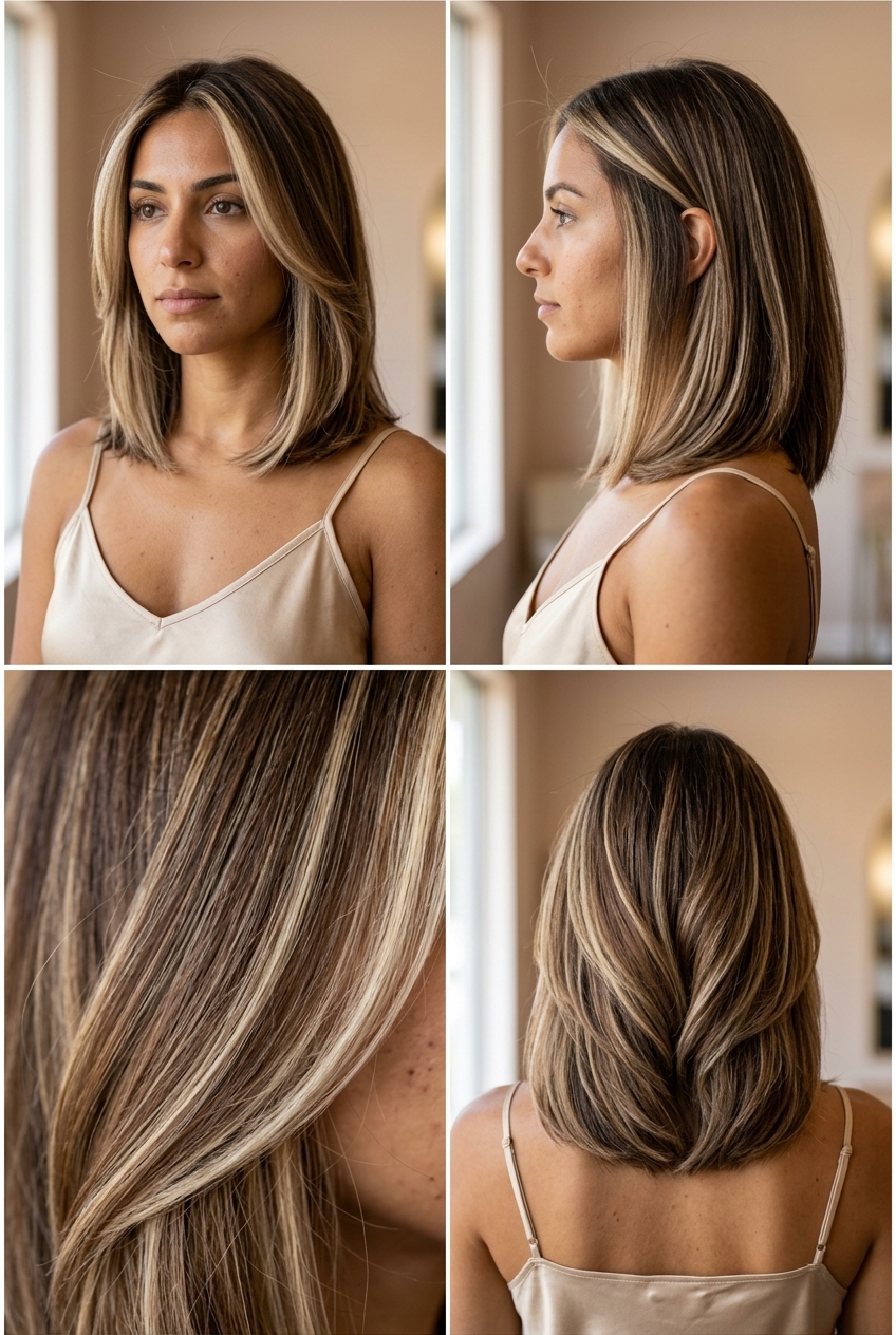 long mocha brown hair color with creamy blonde balayage, hand-painted highlights, no fringe — effortless casual outing