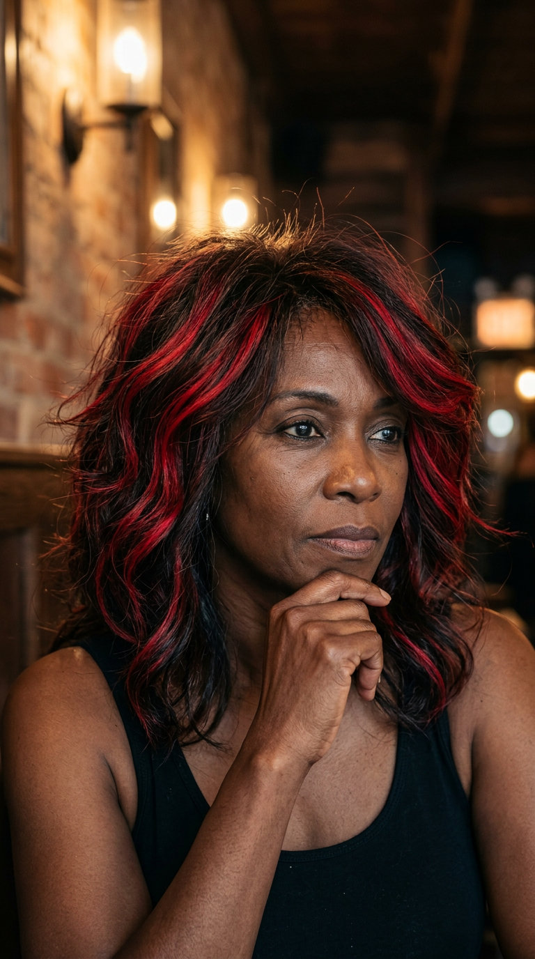 short layered shag haircut with fiery crimson highlights on dark brunette for edgy women