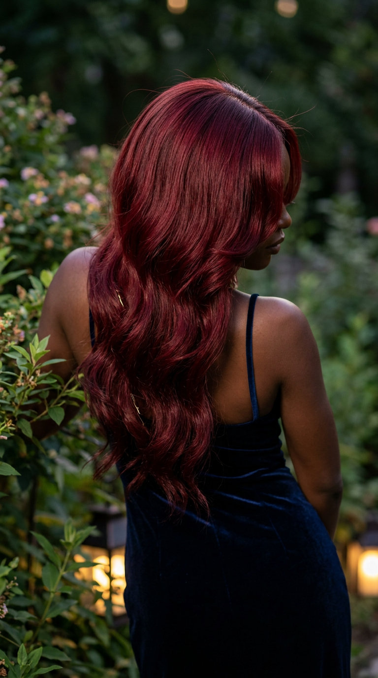 Crimson Wave 2026: Dramatic Long Hair extra-long cascading waves with deep crimson red, soft face-framing layers, center part — bold romantic