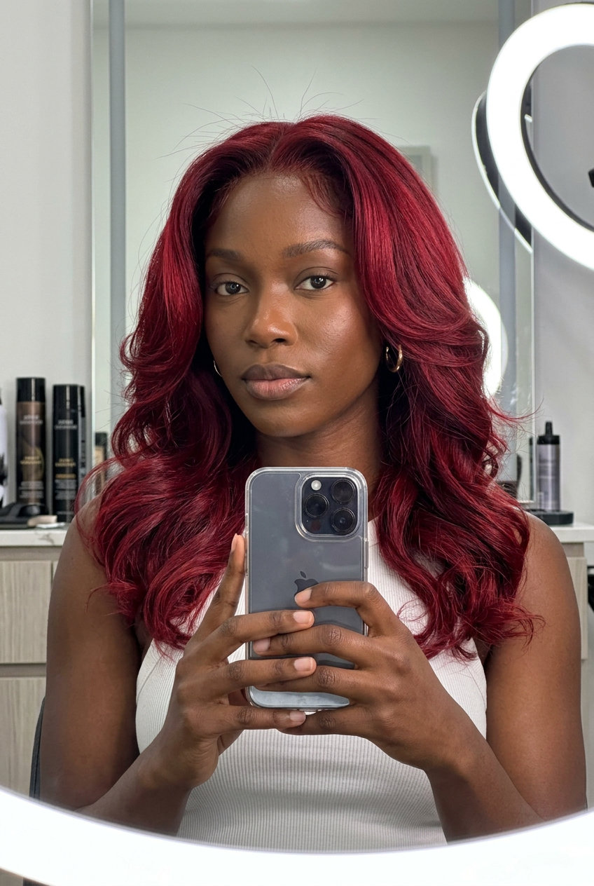 long crimson red waves with ruby undertones, permanent gloss, no fringe — bold energetic look