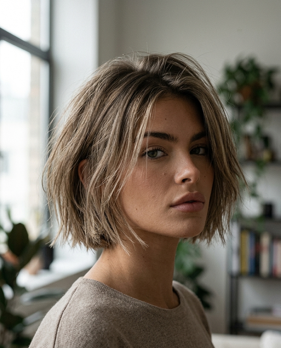 Edgy Ash Blonde Italian Bob 2026 short italian bob haircut with dark ash blonde, razored textured ends for edgy casual