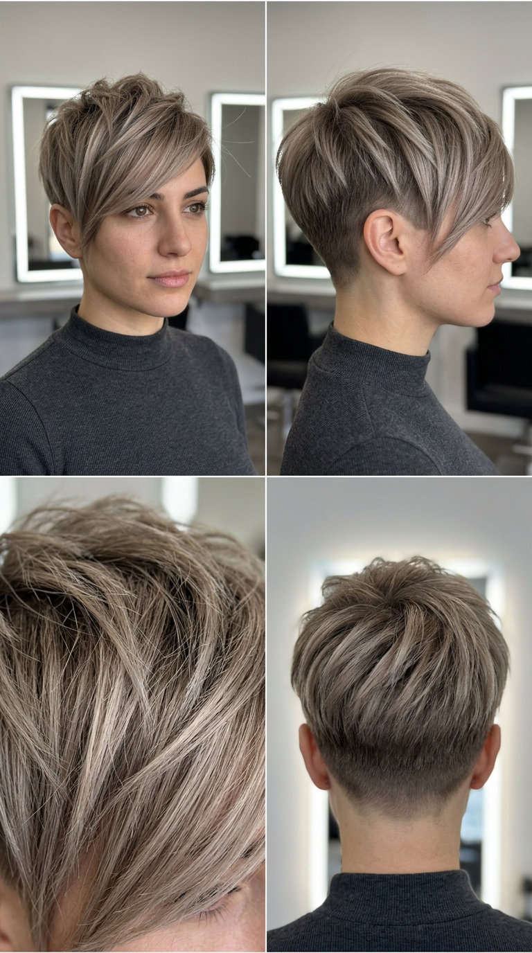 short textured crop with dark blonde hair, clipper fade, and side-swept bangs for casual outings