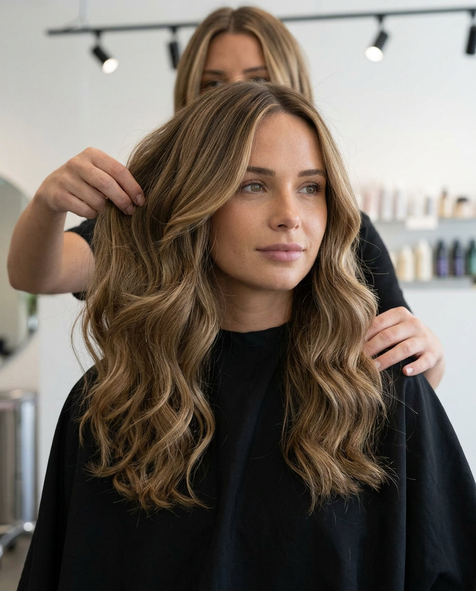 long dark blonde haircut with cascading layers and deep side part, face-framing layers — glamorous date night style