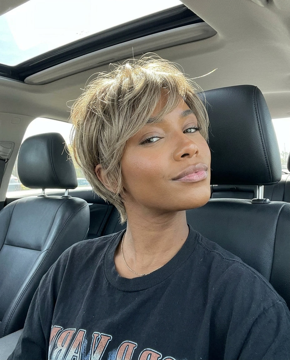 Edgy Dark Blonde Pixie for Thin Hair 2026 short pixie haircut with dark blonde and wispy side-swept fringe for thin fine hair