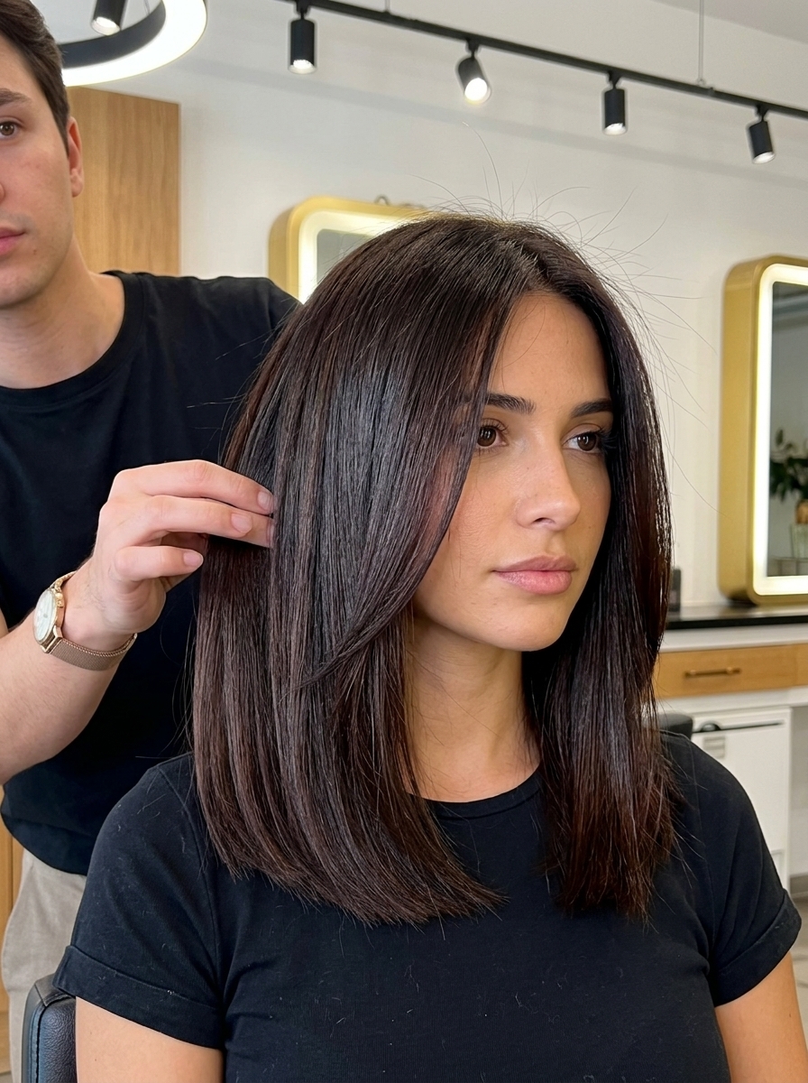 long dark brunette hair with subtle red undertones, single process, no fringe — luxurious look
