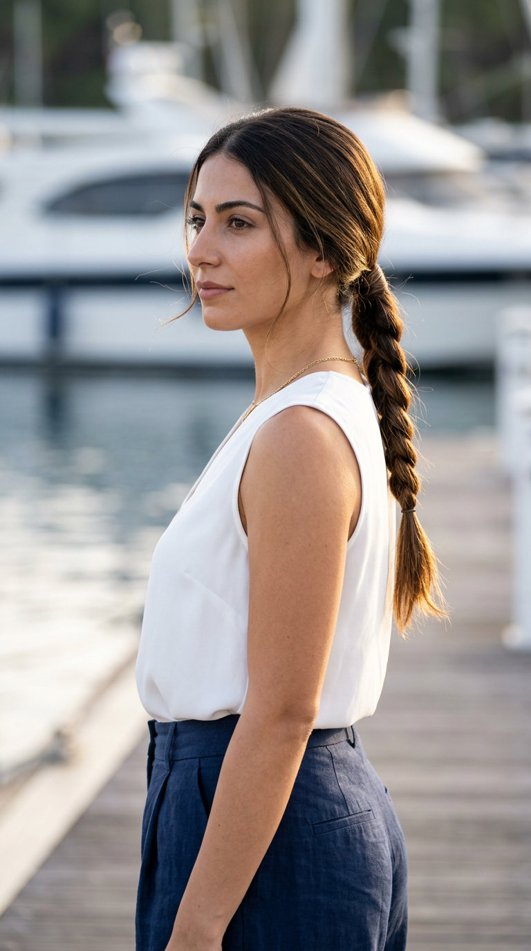 Sleek Braided Low Ponytail Hairstyle 2026 medium dark chocolate braided low ponytail, professional style for summer 2026