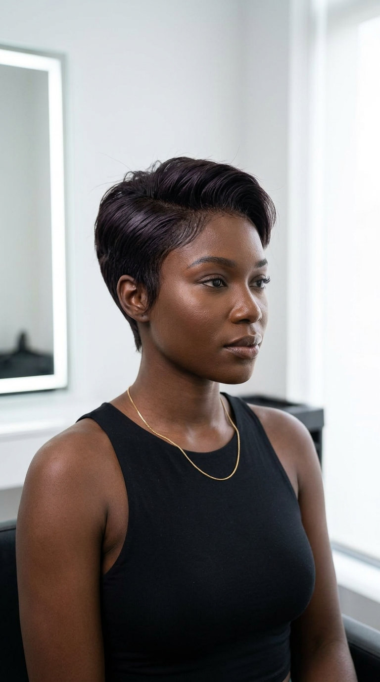 short pixie haircut with dark chocolate gloss, cool espresso undertones for summer 2026
