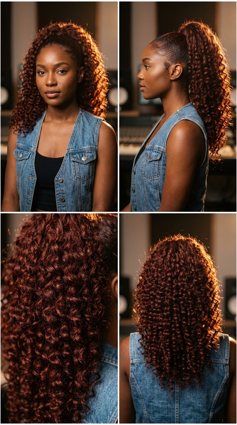Deep Auburn Curly Ponytail 2026 long uniform cut in deep auburn with warm red undertones for summer palm tree ponytail 2026