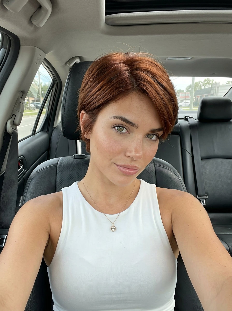 short deep auburn pixie haircut with red-brown undertones and razor-cut fringe for summer 2026