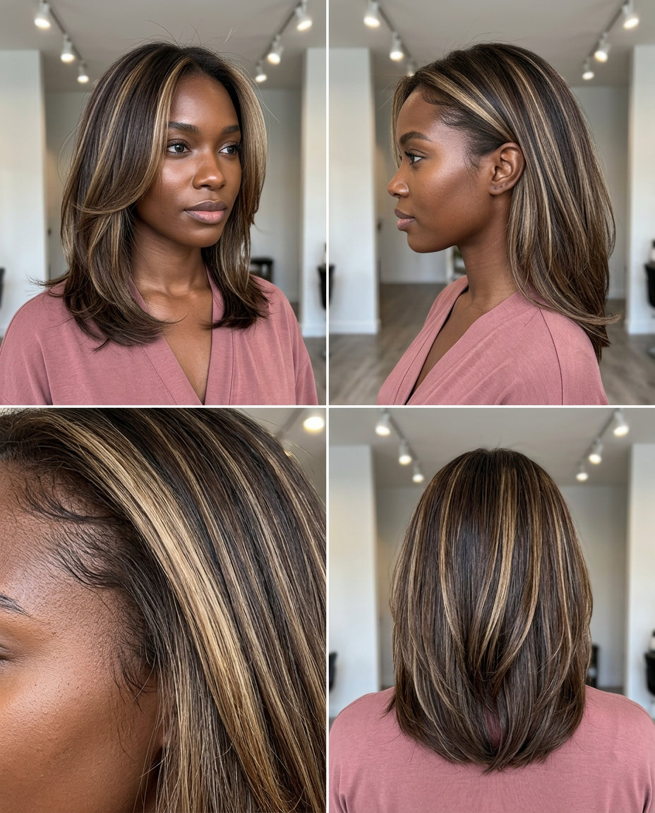 short deep cool brown hair with warm sand blonde undercut, internal highlights, hairline babylights — bold edgy