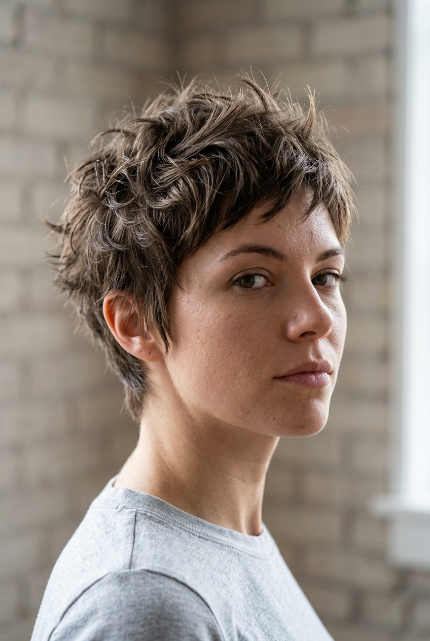Rebel Pixie Shag 2026: Edgy Brown very short wavy shag haircut with deep cool brown, razored choppy bangs, tapered nape — edgy & rebellious