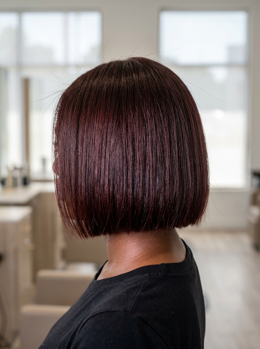 long bob deep cherrywood brown hair, red-violet undertones, blunt cut, no fringe — bold sophisticated