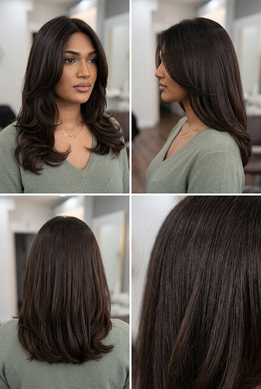 long deep chocolate all-over color with cool-neutral undertones, rich depth, no fringe — professional classic daily