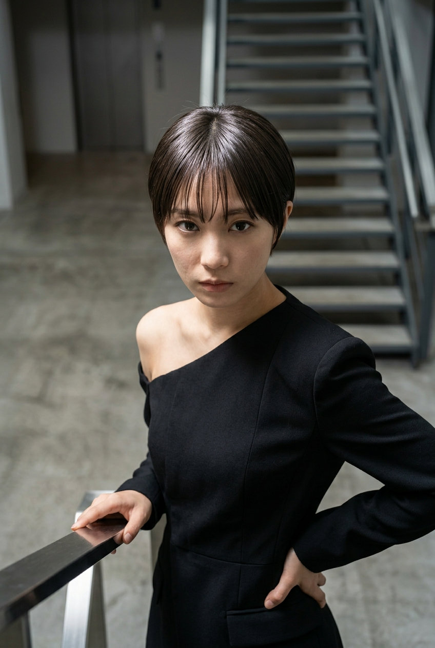 Sculpted Pixie with Wispy Bangs & Deep Cool Brown short sculpted pixie haircut with deep cool brown, precision cut, wispy micro-bangs for avant-garde