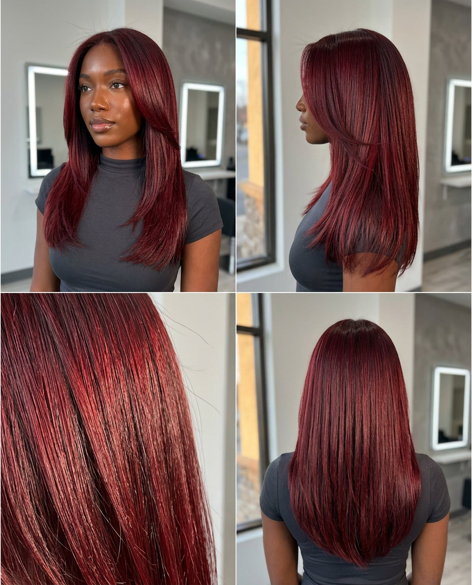 long layered hair with deep crimson gloss, mahogany and cherry undertones for summer 2026