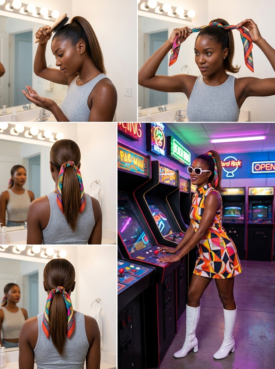 long deep espresso ponytail with vibrant scarf, bold retro style for summer 2026