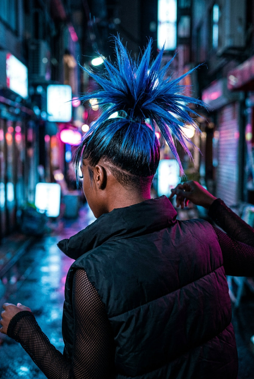 long spiky ponytail with electric blue, black roots, skin-fade sides for concert