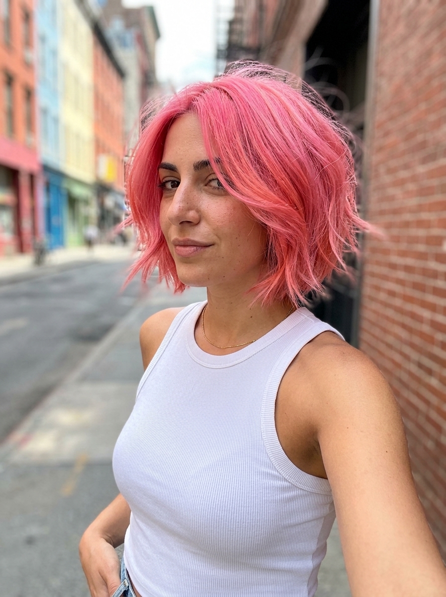 Electric Pink Italian Bob 2026 short italian bob haircut with electric pink, coral undertones, internal layering, shattered edge — playful festival style